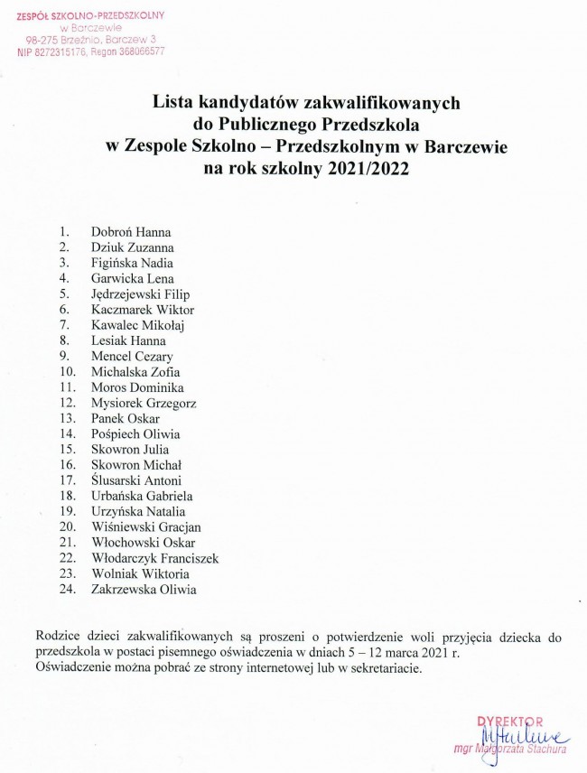 Lista kandydatów zakwalifikowanych do Publicznego Przedszkola w Barczewie